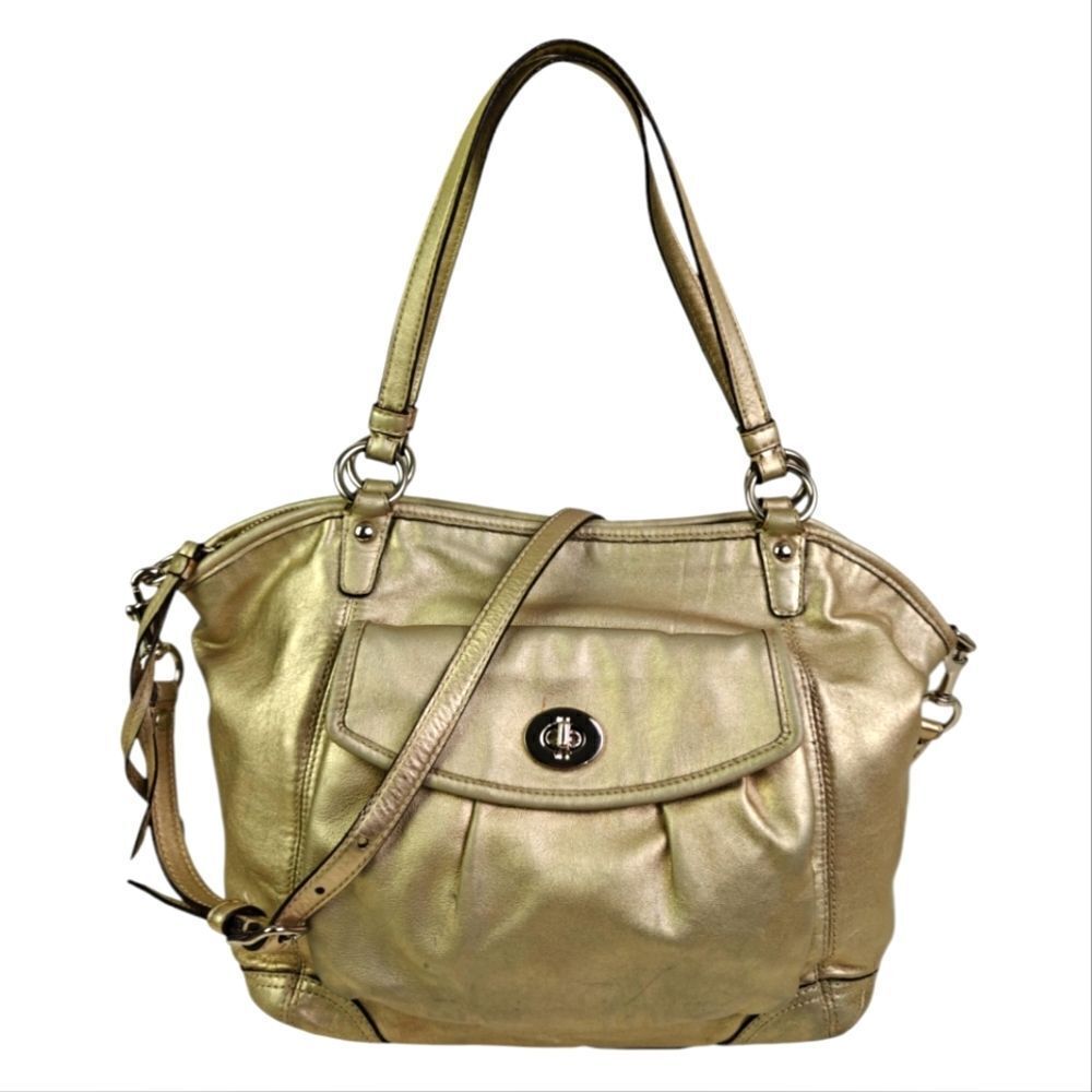 Coach Metallic Gold Leather Shoulder Bag with Front Turn-Lock